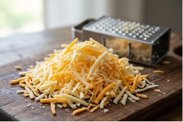 Queso rallado en una tabla de cortar