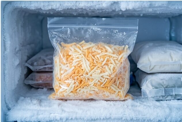 Queso rallado en una bolsa para congelar