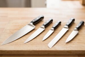 Cuchillos de cocina variados sobre una tabla de cortar