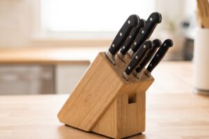 Bloque de cuchillos de madera con varios cuchillos dispuestos